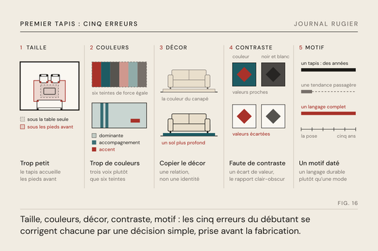 Planche du Journal Rugier, fig. 16 : cinq cases de livre technique : chaque erreur en tirets, sa correction en rouge