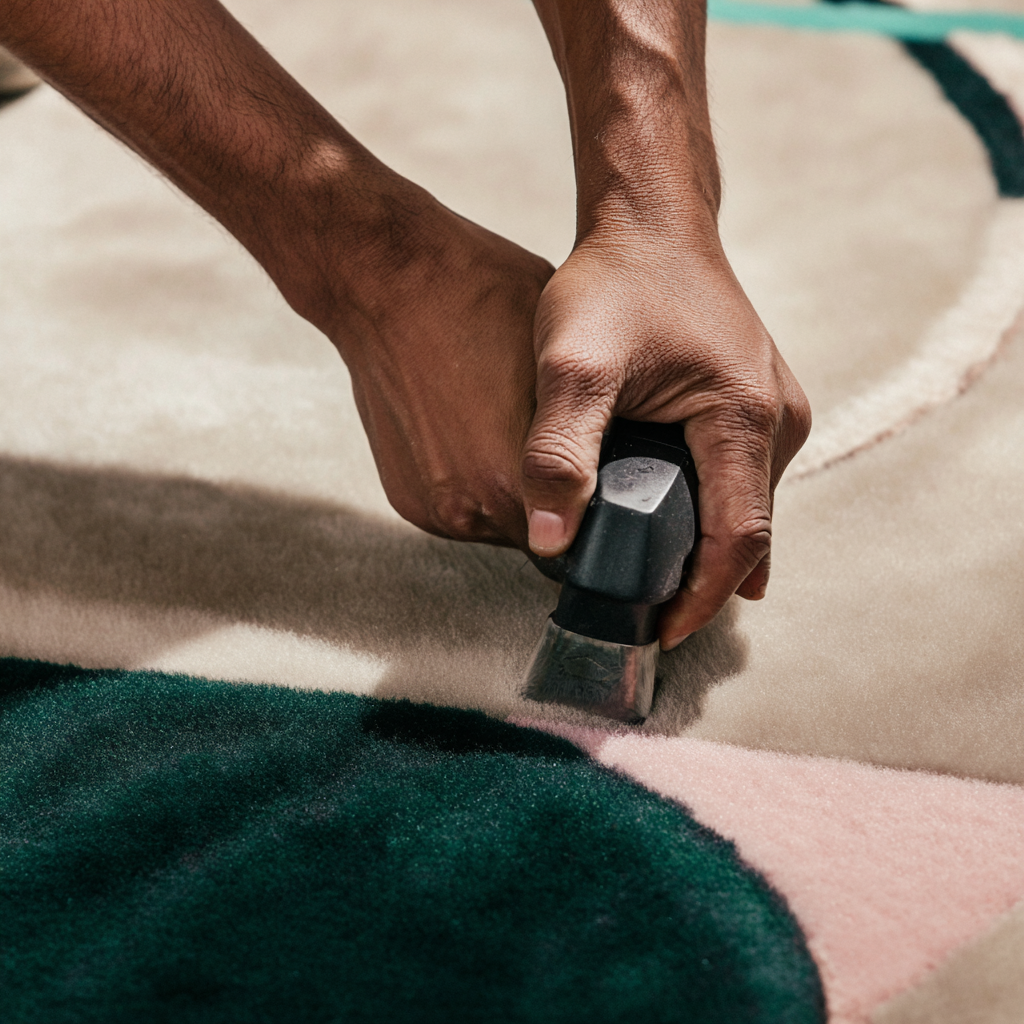 Mains d'artisan ciselant la surface d'un tapis tufté main