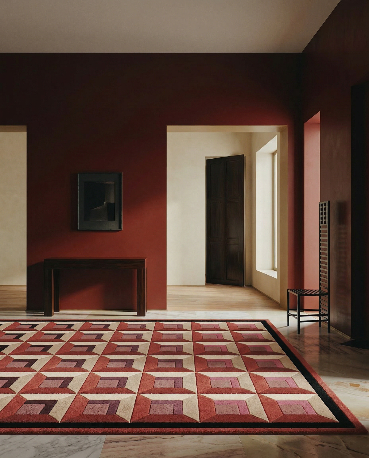 Tapis Dante salle à manger rouges profonds carmin vermillon géométrique tufté main laine Nouvelle-Zélande Rugier
