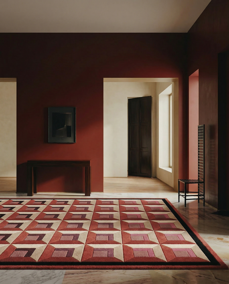 Tapis Dante salle à manger rouges profonds carmin vermillon géométrique tufté main laine Nouvelle-Zélande Rugier