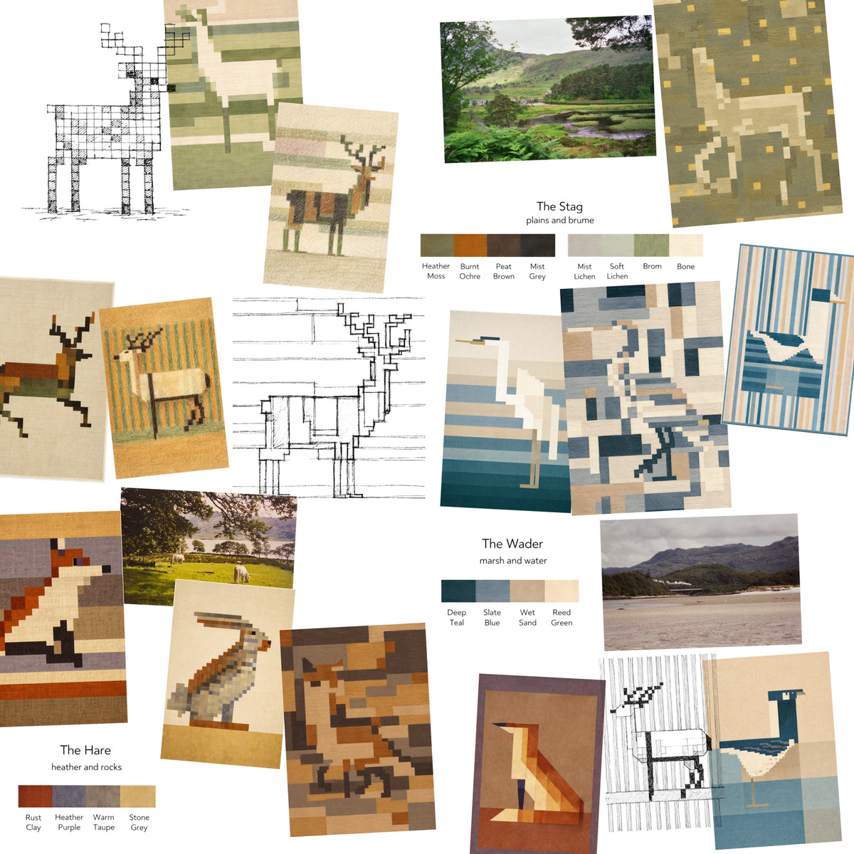 Planche de recherche Highland Grounds par Alice Wood : croquis du cerf, compositions en mosaïque, palettes et paysages des Highlands