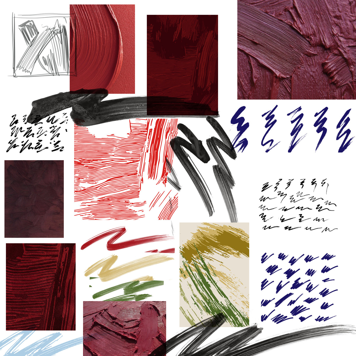 Planche de recherche La Pintura : gestes au pinceau à l'encre, croquis au crayon d'El Rojo, traits sculptés d'El Rojo, dessin de Giallo, tests de teintes et matières de peinture