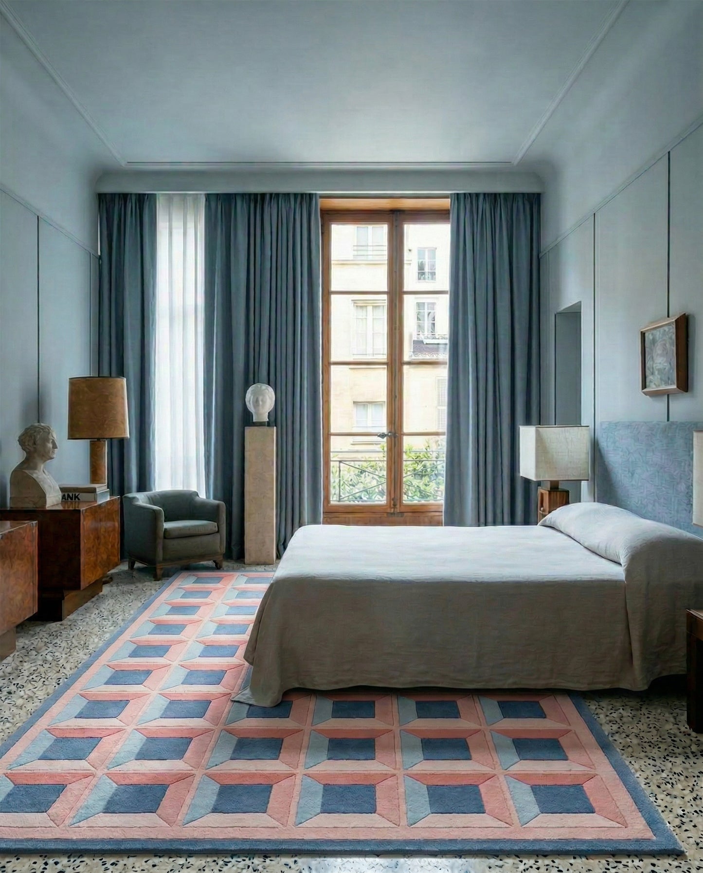 Tapis Felix intérieur chambre motif géométrique bleu rose tufté main laine Nouvelle-Zélande Rugier