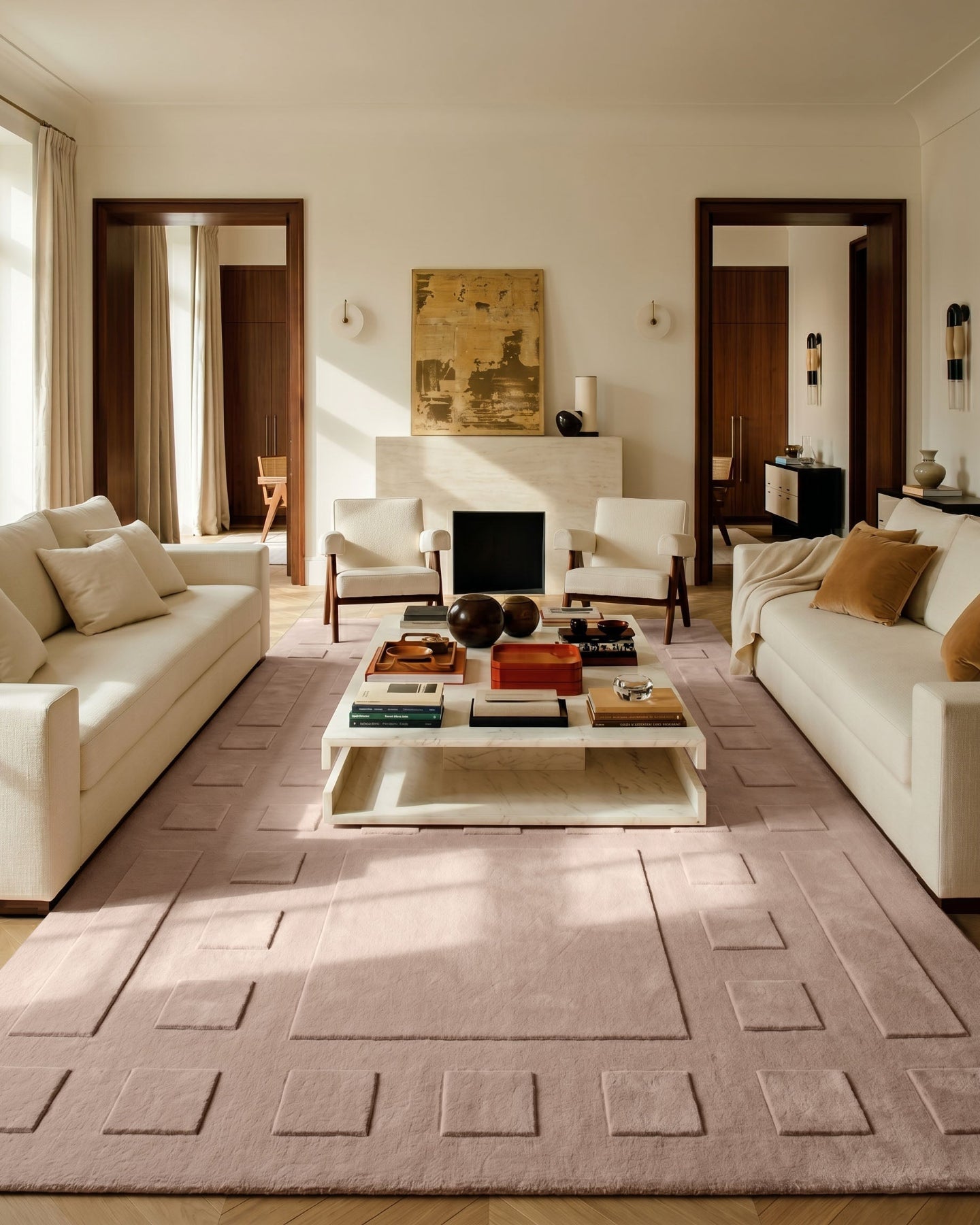 Tapis Mainframe beige en relief sculpté intérieur ambiance tufté main laine Rugier