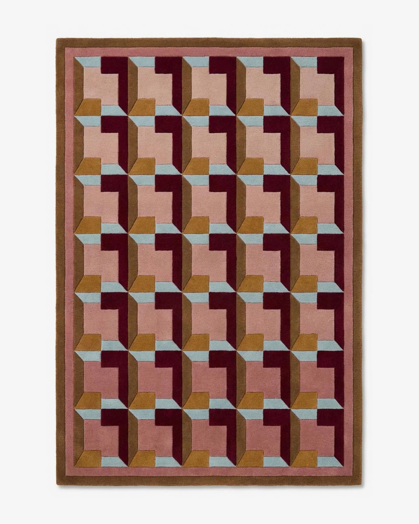 Tapis Cerdan géométrique palazzo rose ocre bordeaux tufté main laine Nouvelle-Zélande Rugier