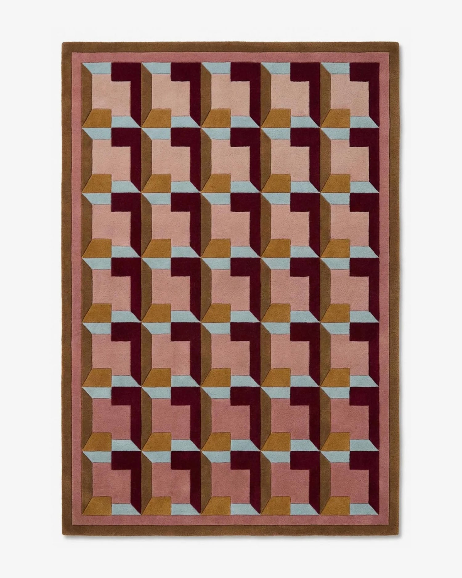 Tapis Cerdan géométrique palazzo rose ocre bordeaux tufté main laine Nouvelle-Zélande Rugier