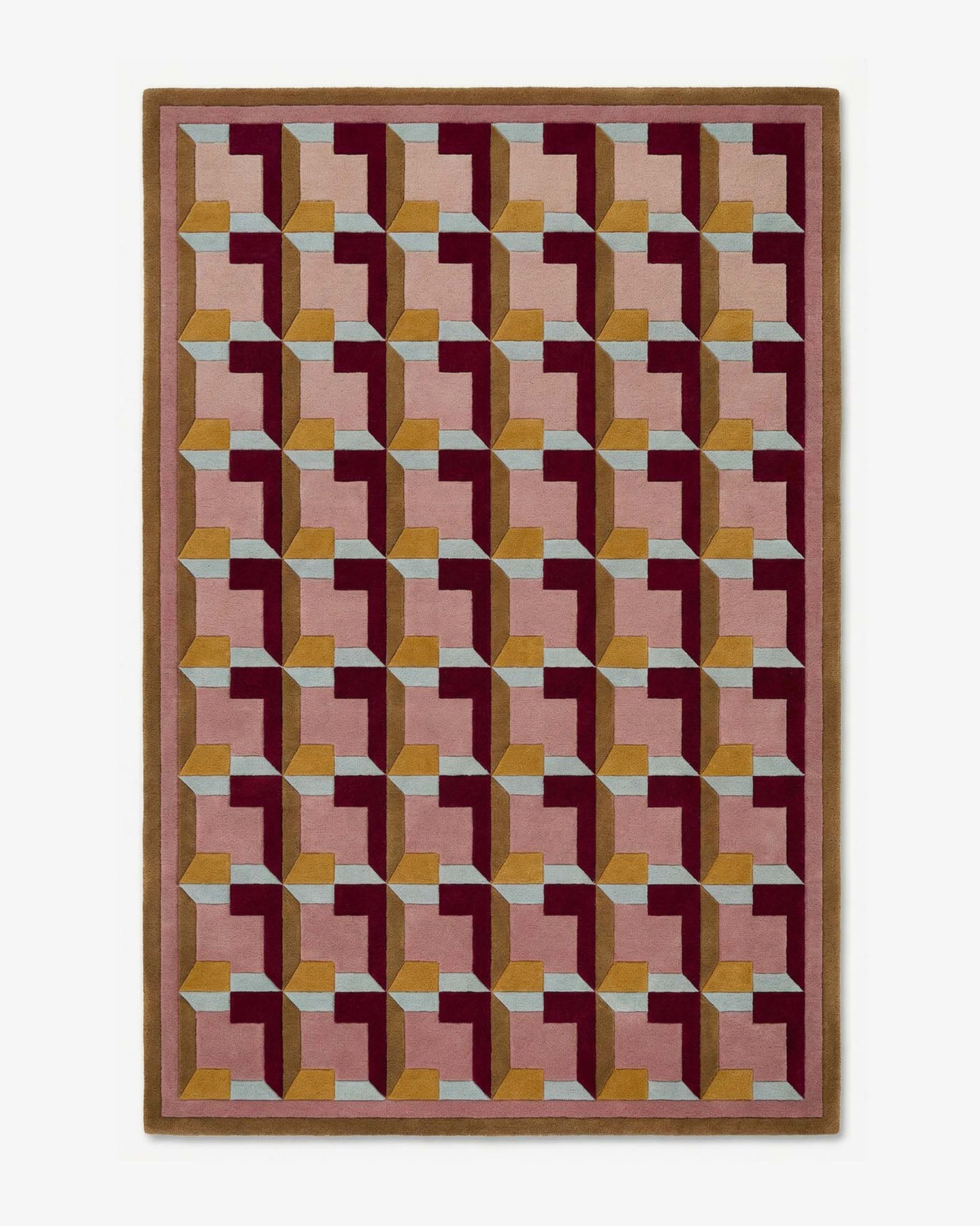 Tapis Cerdan géométrique palazzo rose ocre bordeaux tufté main laine Nouvelle-Zélande Rugier