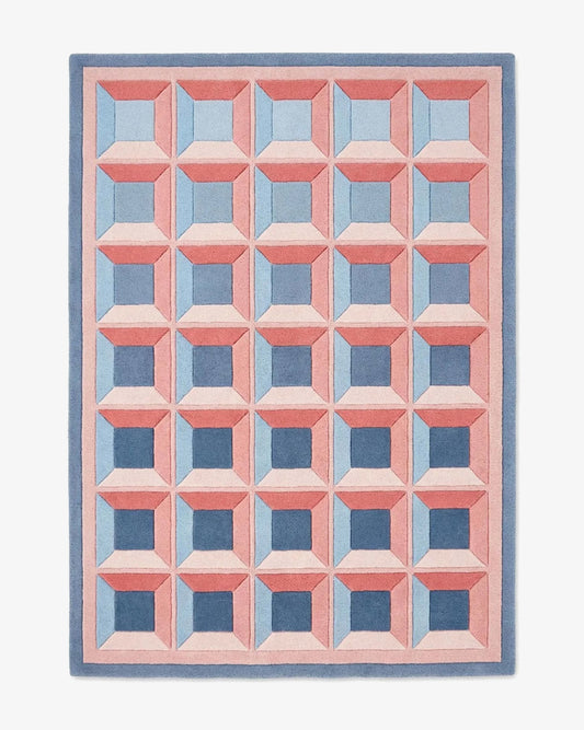 Tapis Felix motif géométrique bleu rose tufté main laine Nouvelle-Zélande Rugier